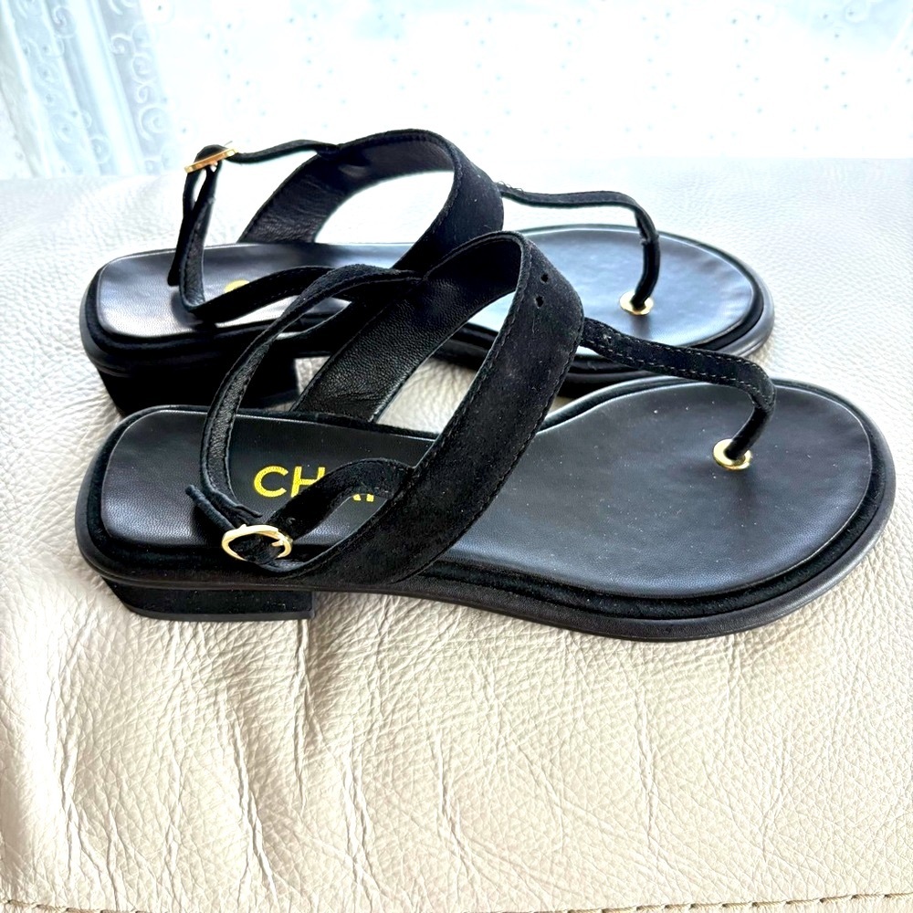 Chanel Black Sandals with Gold Accents